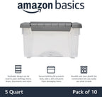 Amazon Basics Plastic Storage Containers with Secure Latching Lids, Stackable Organization Bins, Clear/Grey, 5 Quart, Set of 10