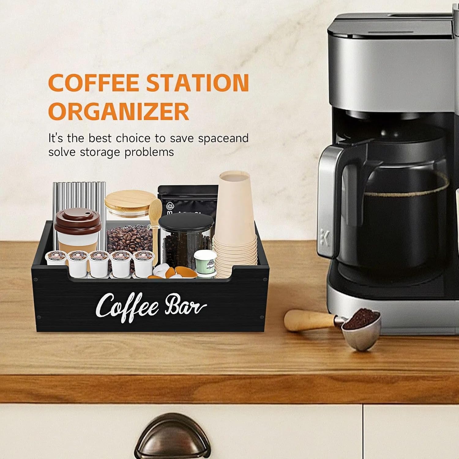Coffee Pod Bar Station Wooden 13" X 7" X 4" Organizer Box for Countertop, Counter Top Tea Espresso Cup Wood Storage Box, Black