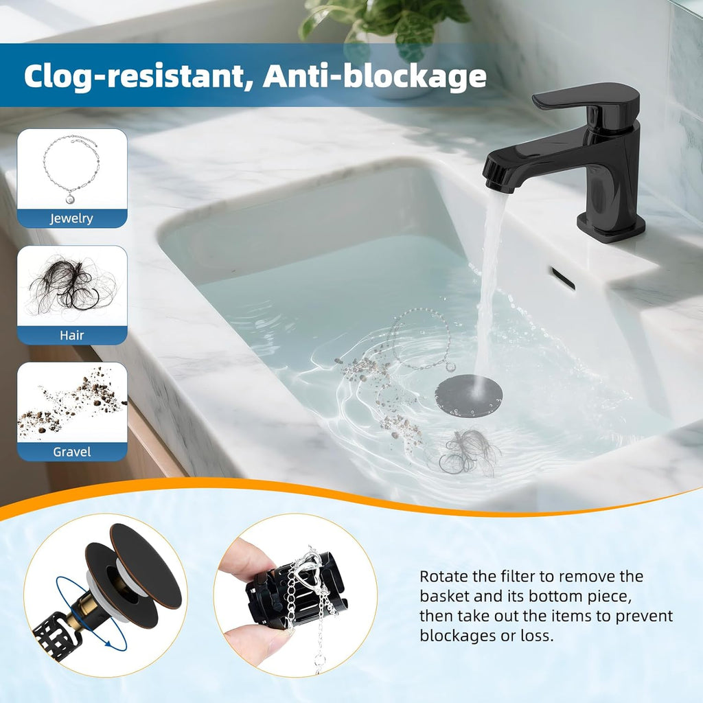 Hibbent 2 Pack 3 in 1 Bathroom Sink Drain Strainer, Pop Up Sink Stopper with Big Push Cap, Anti-Clogging Metal Filter Basket,Sink Plug with Hair Catcher for 1.1''~2.36'' Basin, Oil-Rubbed Bronze