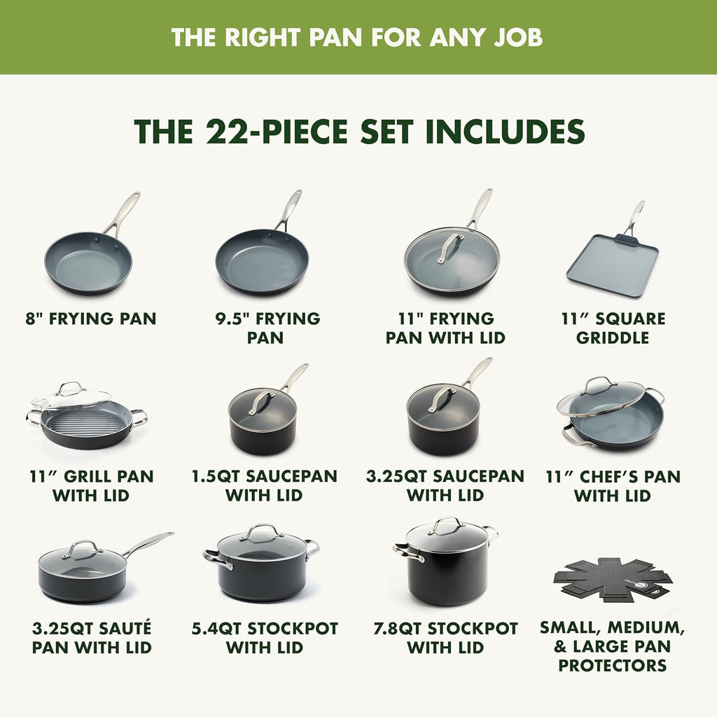 GreenPan 22 Piece Valencia Pro Ceramic Nonstick Cookware Set, PFAS-Free, Induction Ready, Hard Anodized Pots & Pans with Lids, Compatible on All Cooktops, Dishwasher & Oven Safe, Gray