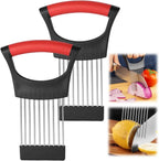 Onion Slice Holder, 2024 New Stainless Steel Holder for Slicing, Chopper Assistant Tool, Cutter for Meat, Onion, Potato, Tomato Kitchen Gadgets (Red, 2 Pack)