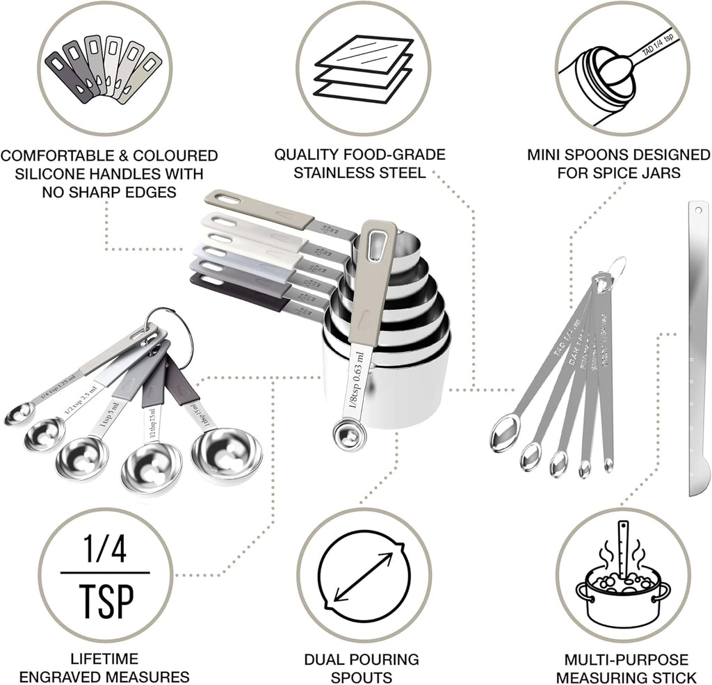 22-Piece Stainless Steel Measuring Cups and Spoons Set, Tad Dash Pinch Smidgen Drop Mini Measuring Spoons, Measuring Stick Leveler, Measurement Conversion Chart Fridge Magnet, (Charcoal)