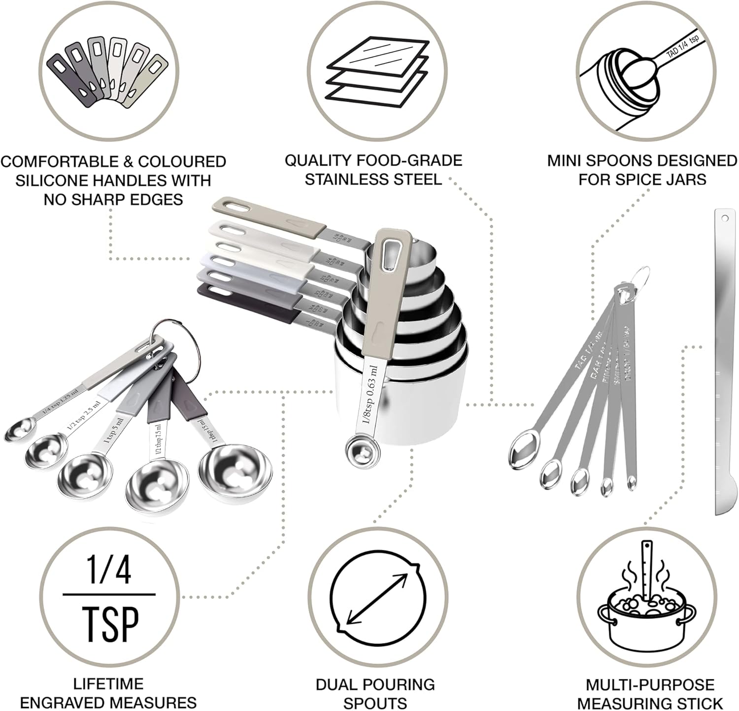22-Piece Stainless Steel Measuring Cups and Spoons Set, Tad Dash Pinch Smidgen Drop Mini Measuring Spoons, Measuring Stick Leveler, Measurement Conversion Chart Fridge Magnet, (Charcoal)