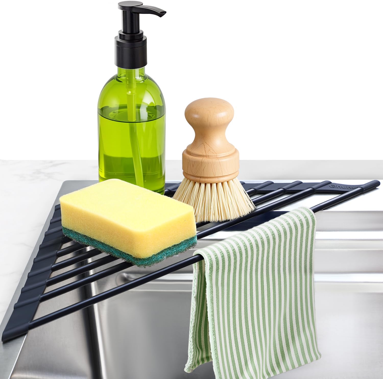 Corner Sink Caddy, Ohuhu Sponge Holder for Kitchen Sink Organizer Silicone Wrapped Steel Anti Slip Rust Triangle Over the Sink Dish Drying Rack for Sink Corner Multipurpose Drainer Trivet Space-Saving
