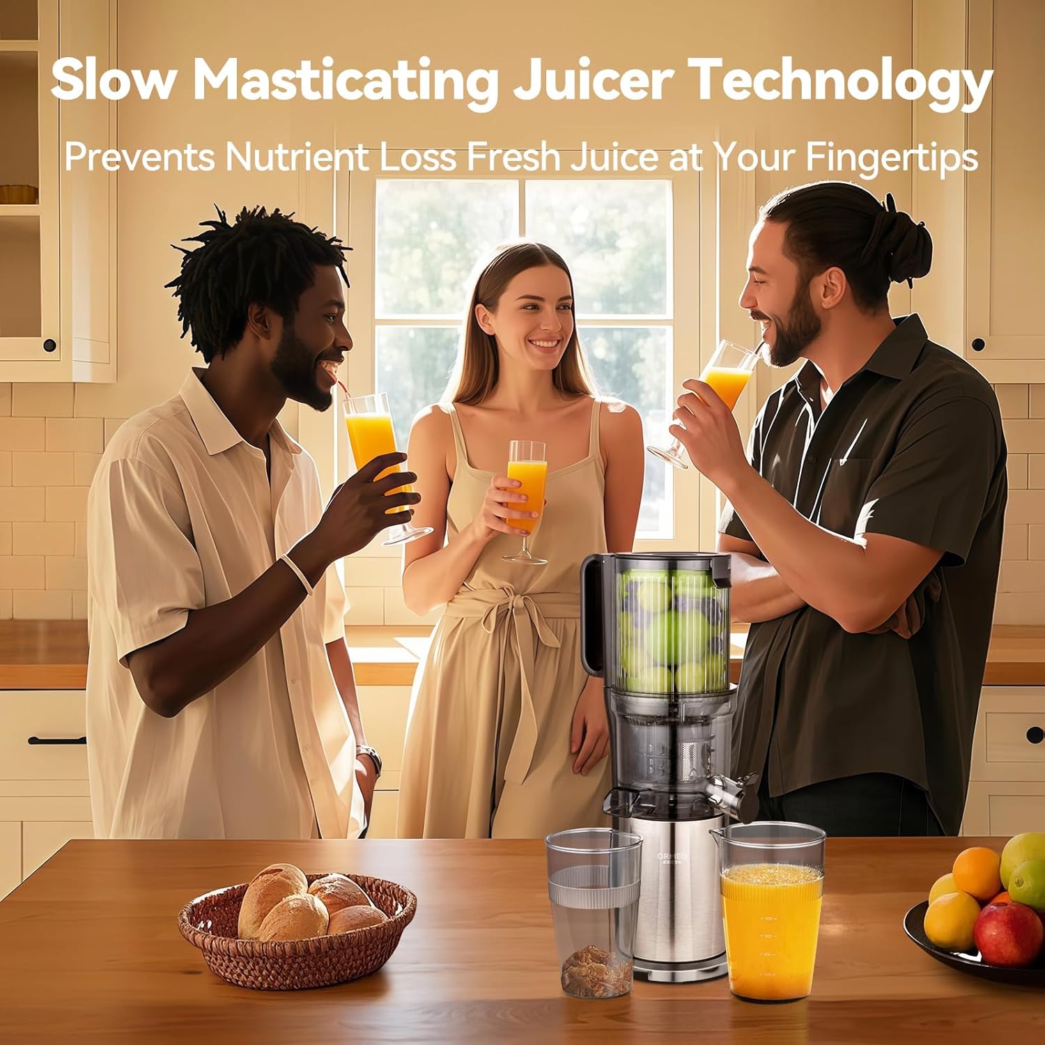 Juicer Machines,ORMEO HOME Cold Press Juicer with Large Feed Chute Fit Whole Fruits & Vegetables,Slow Masticating Juicer With Pulp Seperation,99% Juice Purity,200W Quiet Motor,Easy to Clean,BPA Free