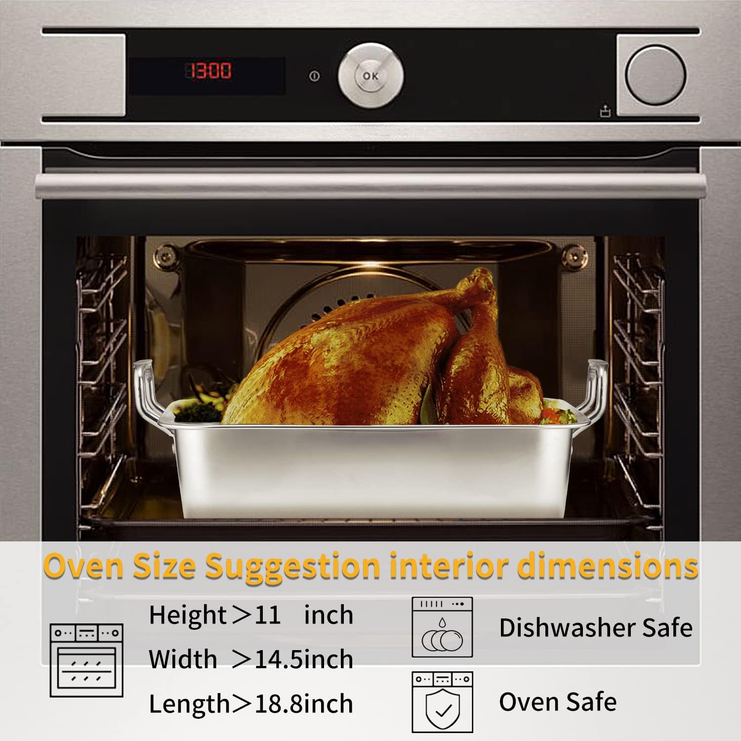 15 Inch Stainless Steel Roasting Pan with Cooling Rack - Turkey, Chicken, Ham Roaster with V-Shaped Baking Rack by Kendane