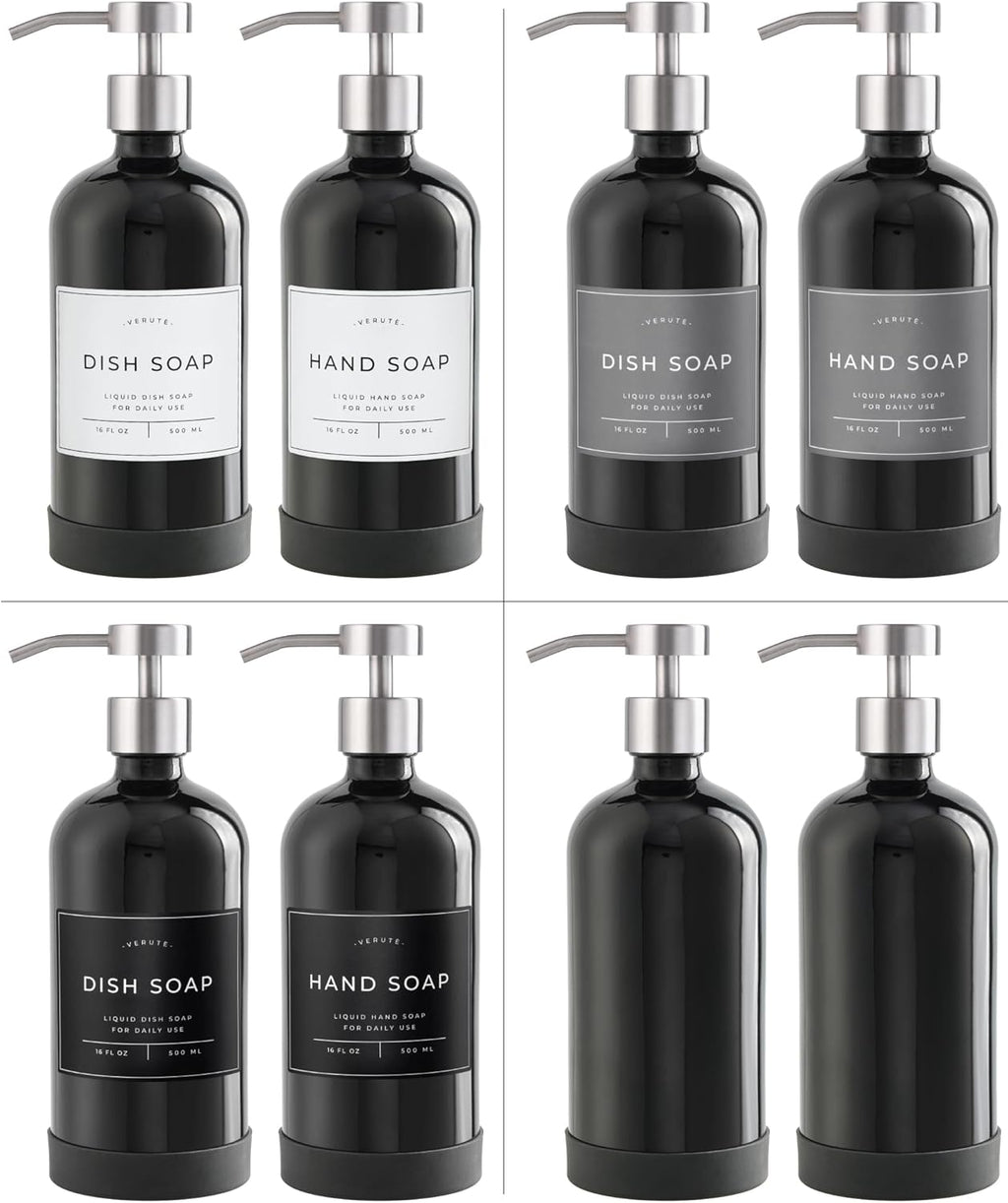 16oz Glass Soap Dispenser with Stainless Steel Pump, 21 Waterproof Labels, Non-Slip Protective Silicone Pad, Set of 2 for Bathroom & Kitchen (Gloss Black Bottle/Brushed Silver Pump)