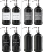 16oz Glass Soap Dispenser with Stainless Steel Pump, 21 Waterproof Labels, Non-Slip Protective Silicone Pad, Set of 2 for Bathroom & Kitchen (Gloss Black Bottle/Brushed Silver Pump)