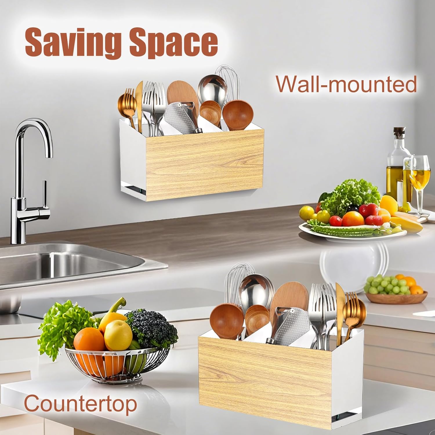 Utensil Holder Large Iron Flatware Container with 3 Compartments Countertop Wall-mounted Kitchen Utensil Storage (White)