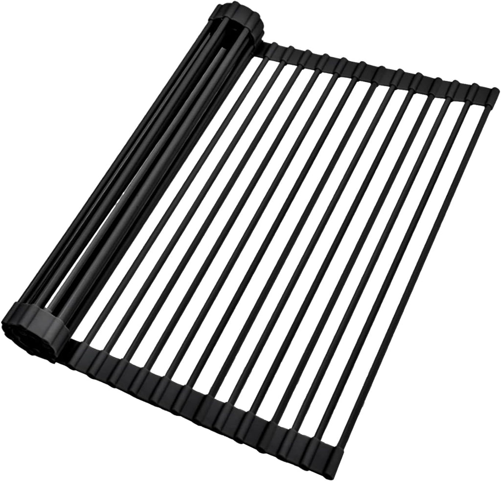 Ohuhu Over The Sink Dish Drainer Drying Rack, 17.6" W x 15.4" L Roll Up Dish Racks Kitchen Sink Organizer Silicone Wrapped Large in Sink Dish Drying Rack Foldable Rolling Drain Mats Anti-Slip