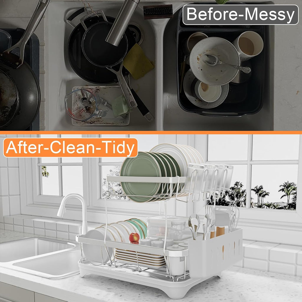 Dish Drying Rack - 304 Stainless Steel Dish Rack for Kitchen Counter, Adjustable Spout Auto-Draining Dish Rack, 2-Tier Kitchen Organizers and Storage Rack with Drainboard and Cutlery Holder White