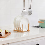 Bamboo Dish Drying Rack for Kitchen Counter and Cabinet, Dish/Book/Plate/Bowl/Cup/Cutting Board/Pot Lid Organizer for Kitchen, Living Room, Study, Display Cabinet (4 Slots)