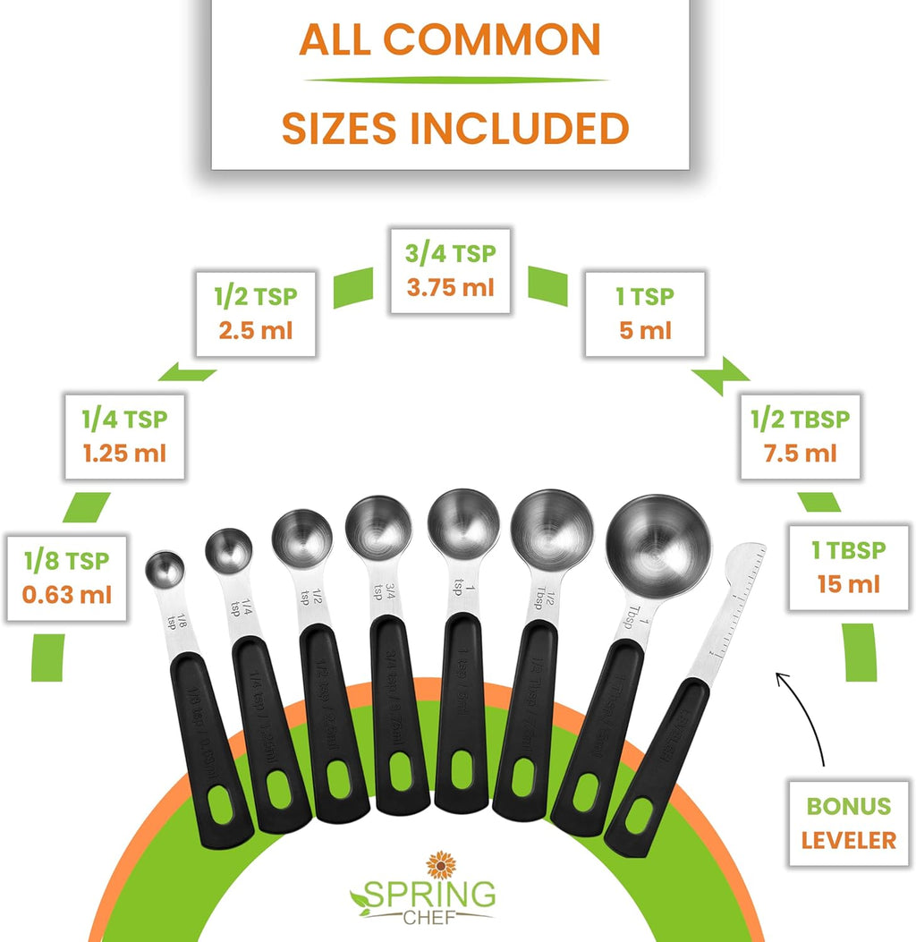 Spring Chef Magnetic Measuring Cups & Spoons Set (Patent Pending), Strong N45 Magnets, Heavy Duty Stainless Steel Fits in Spice Jars for Baking & Cooking, BPA Free, Round Set of 15 with Leveler, Black