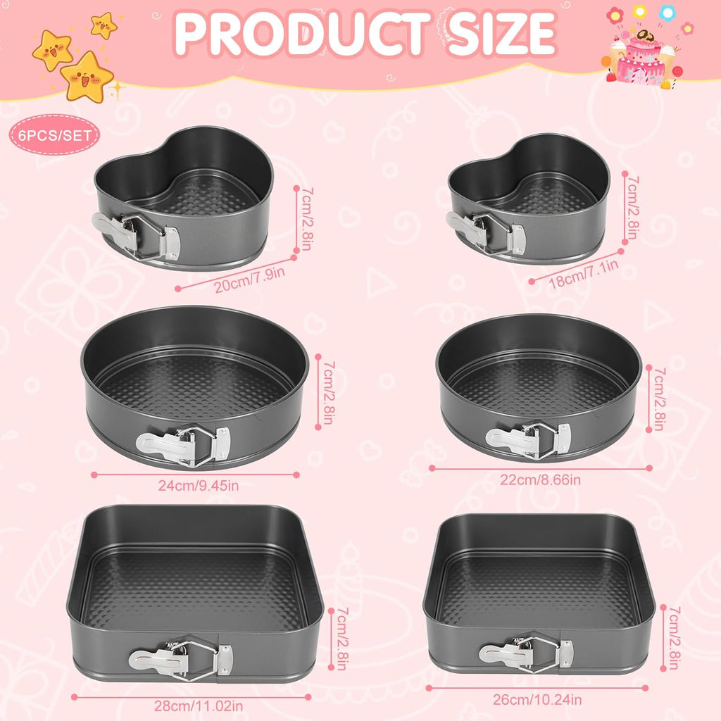 6Pcs Springform Cake Pan Set Of 7 7.8 8.6 9 10 11inch Moldes Para Pasteles Non-Stick Spring Pans Heart Cake Pan Round Nonstick Cheesecake Pans Square Spring Form Pan For Cheesecake Pizza Quiches