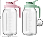 | 2 Pack | 64oz Glass Pitcher with Lid and Spout, 2 Quart (1.9 Liter) Mason Jar Pitcher Wide Mouth, Airtight Water Jug for Juice, Sun Tea, Iced Coffee, Milk Storage, Pink & Green