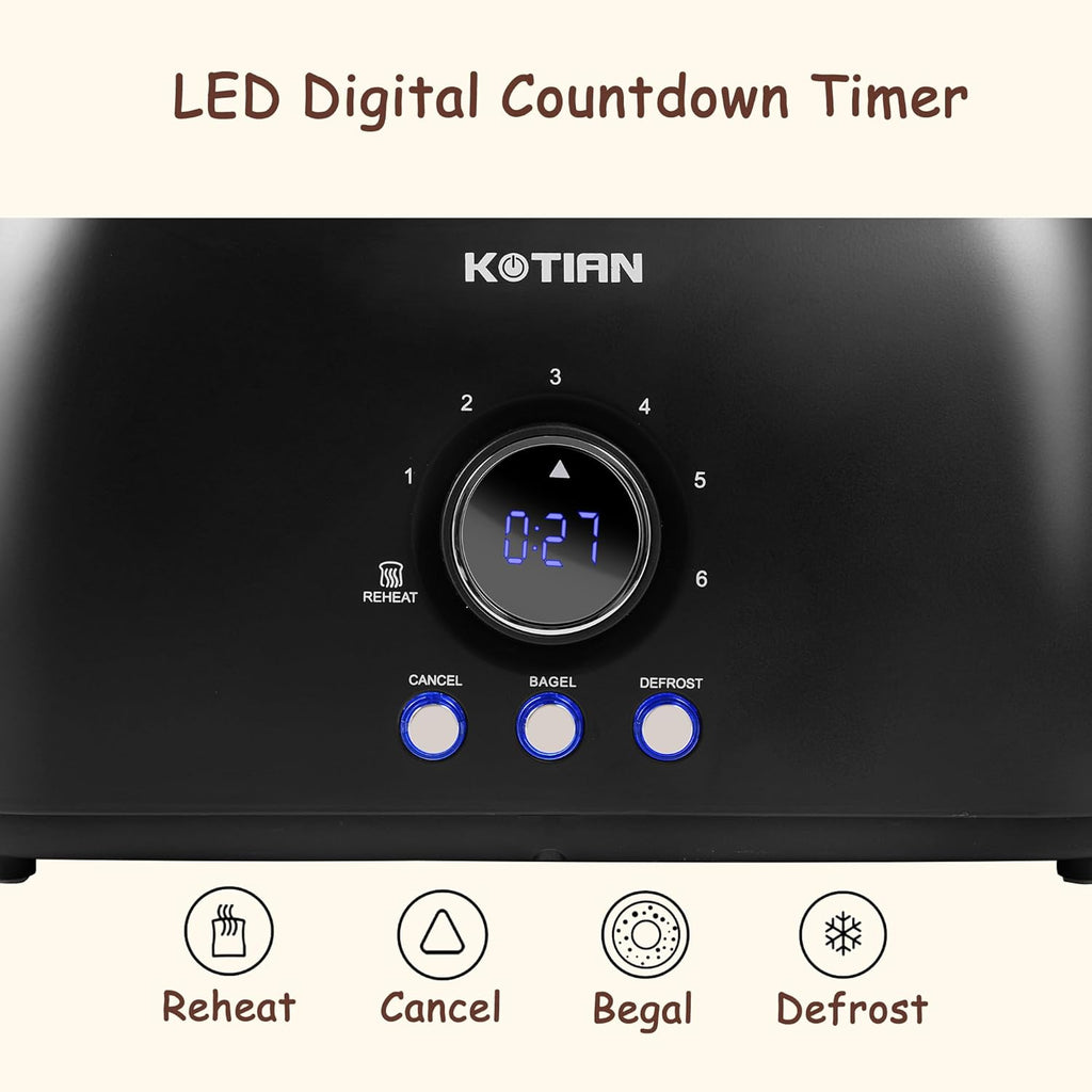 Toaster 4 Slice,KOTIAN Retro Long Slot Toasters with Countdown Timer,Stainless Steel Toaster,Bagel,Defrost,Reheat,Cancel Functions,Extra Wide Slots,6 Toast Settings,Removable Crumbs Tray,Matte black