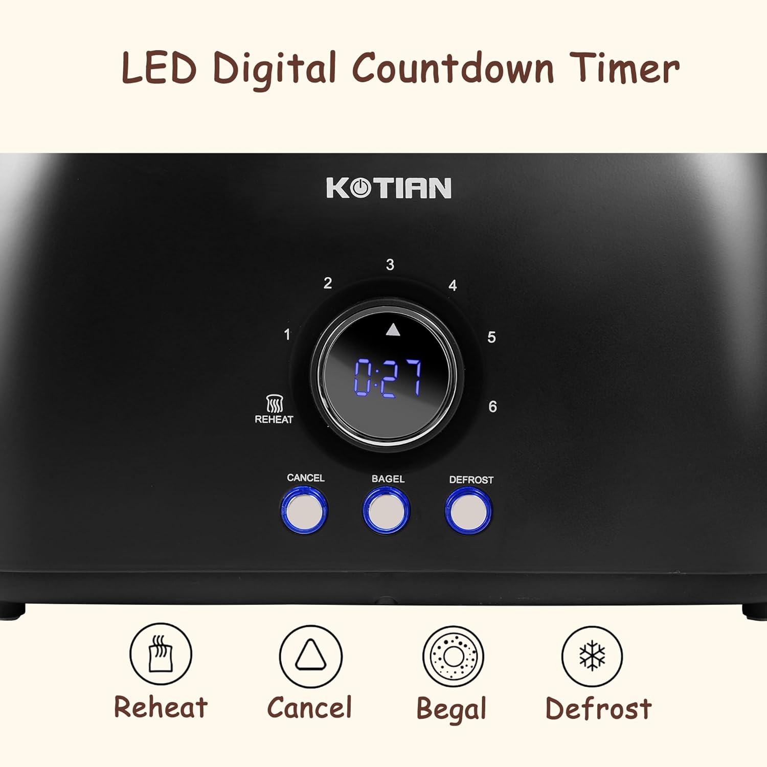 Toaster 4 Slice,KOTIAN Retro Long Slot Toasters with Countdown Timer,Stainless Steel Toaster,Bagel,Defrost,Reheat,Cancel Functions,Extra Wide Slots,6 Toast Settings,Removable Crumbs Tray,Matte black