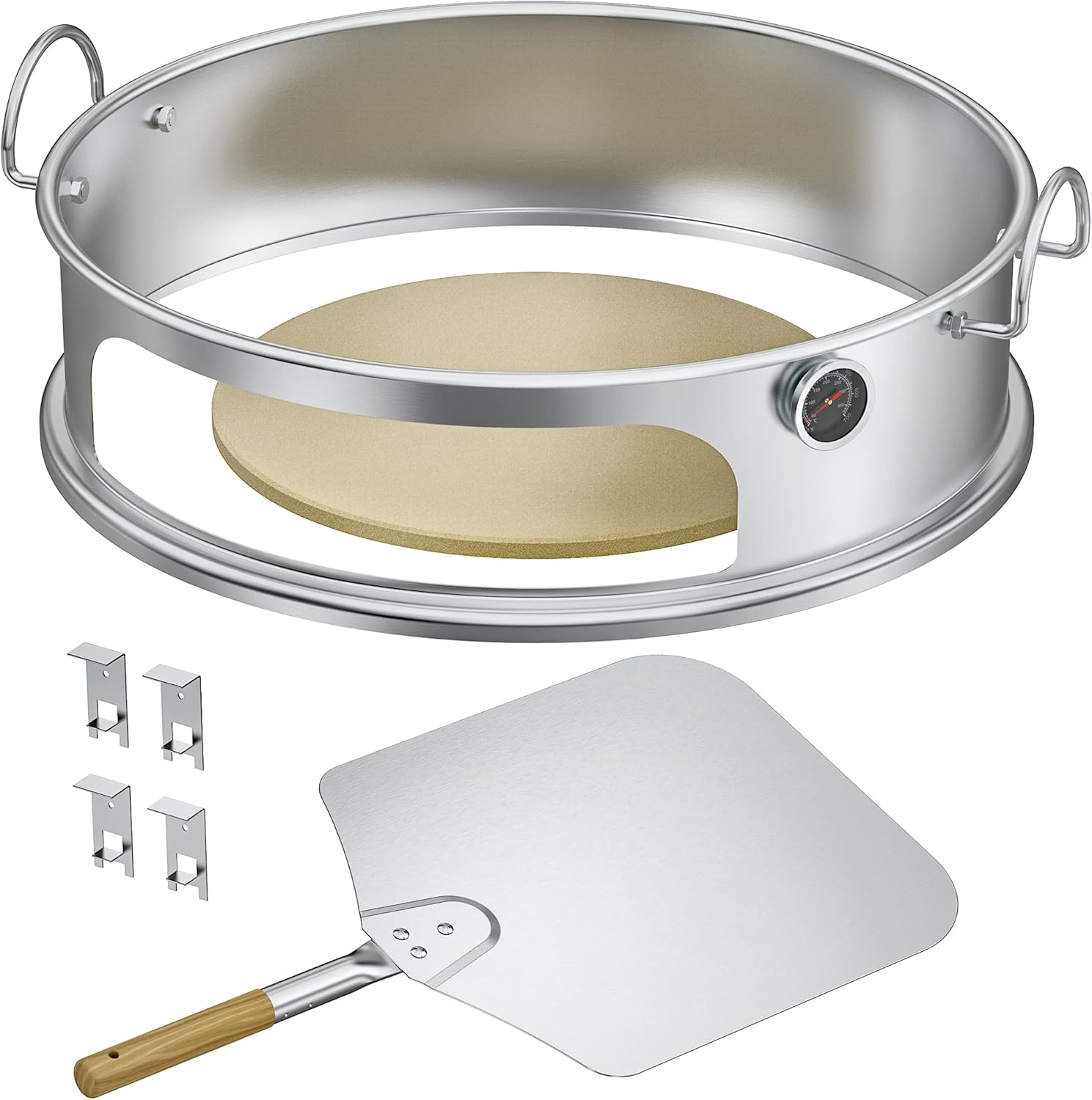 onlyfire Stainless Steel Pizza Ring Kit Pizza Oven Kit for Weber 22-Inch Kettle Grills - Include Pizza Stone and Aluminum Peel