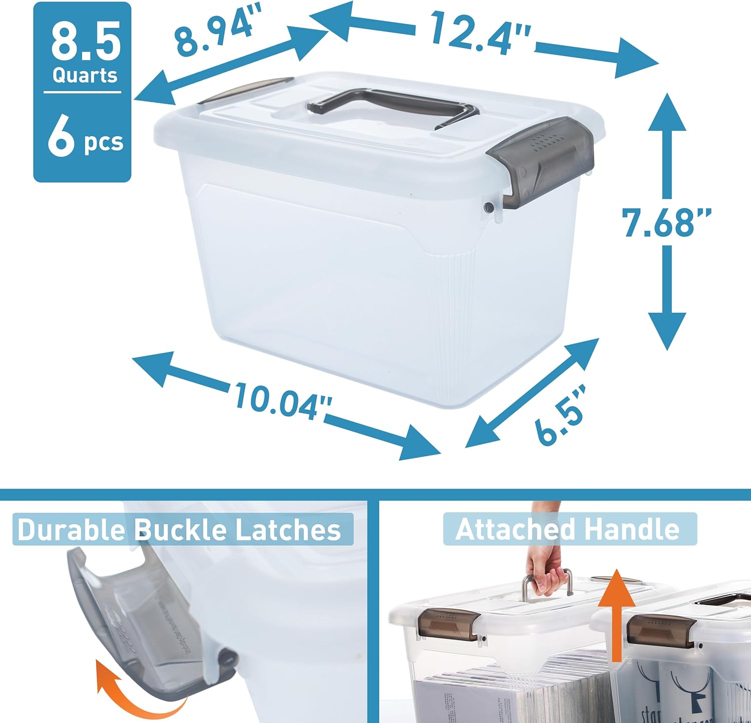 Citylife 6 Packs 8.5 QT Storage Bins with Lids Clear Plastic Bins with Grey Handle Stackable Storage Containers for Organizing