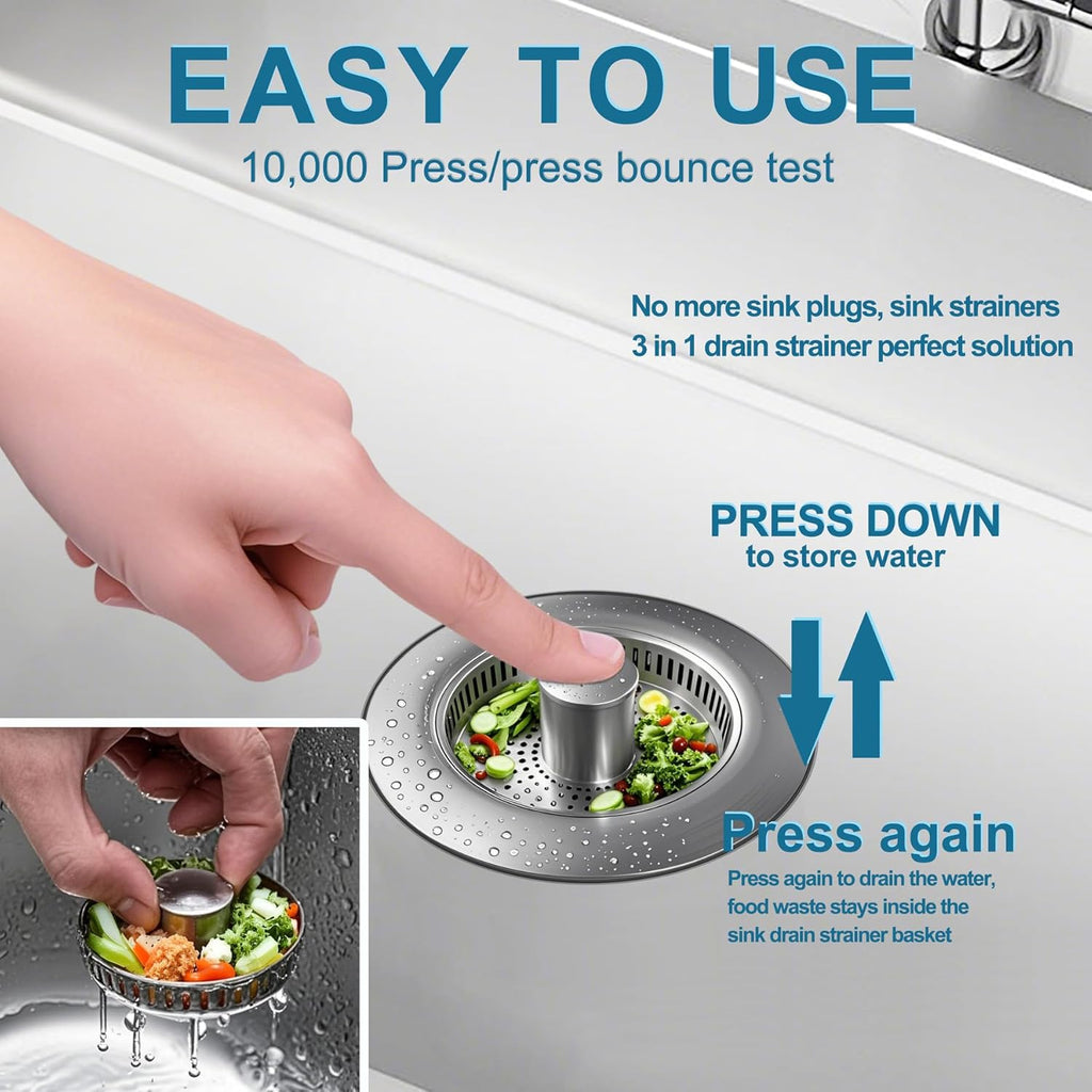 3-in-1 Kitchen Sink Drain Strainer & Stopper, Stainless Steel Food Catcher Plug with Filter Basket, Fits 3-1/2 Inch Drain Hole, Universal Sink Protector Cover, Anti-Clogging, Silver (1, Sus304)