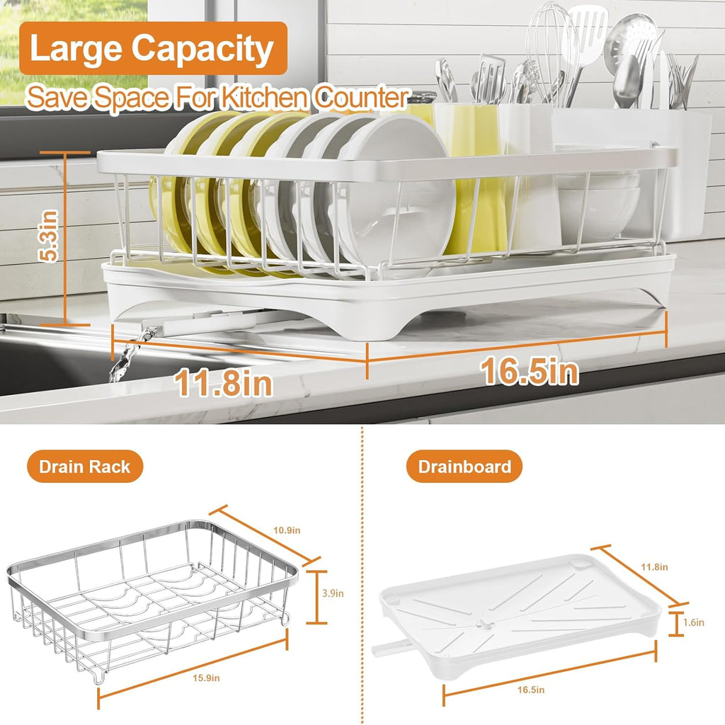 Stainless Steel Dish Drying Rack – 304 Grade Dish Racks for Kitchen Counter with Utensil Holder & Adjustable Spout, Space-Saving Organizer, 16.5" x 11.8" x 5.3" White