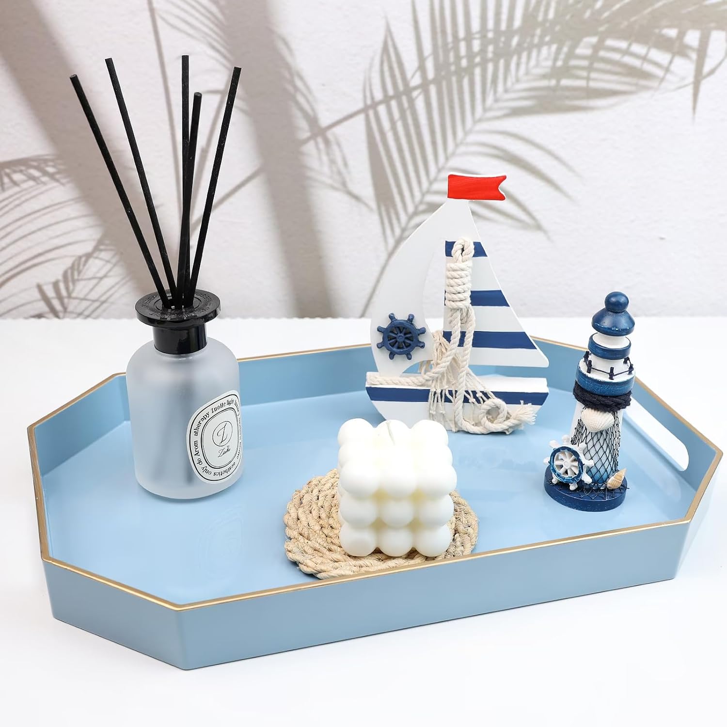 Spsyrine Blue Plastic Serving Tray for Ottoman, Coffee Table, Octagon Decorative Tray for Entertaining, Outdoor, Living Room, Home Decor