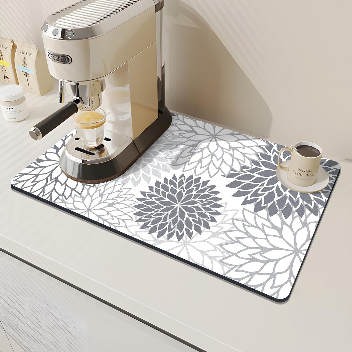Findosom 2PCS 17" x 32" Dish Drying Mat & 24" x 5.5" Sink Splash Guard, Super Absorbent & Cuttable Dish Mat Drying Kitchen Mat with Gray Floral, Hide Stain Drying Mat for Kitchen Counter