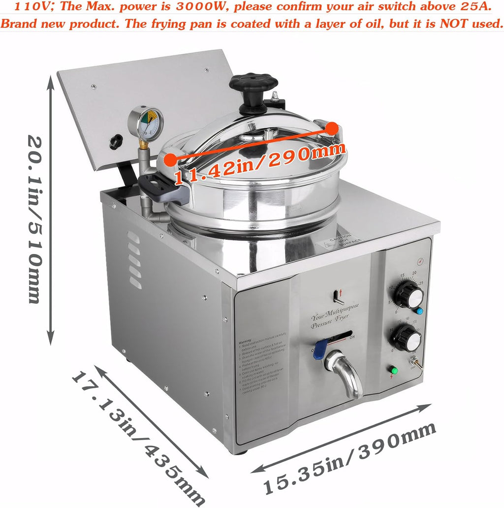 INTSUPERMAI 16L Commercial Countertop Pressure Fryer, Stainless Steel High Pressure Fried Chicken Machine, Electric Multi-function Deep Fryer Cooking Machine, 110V, 2400W, 8PSI