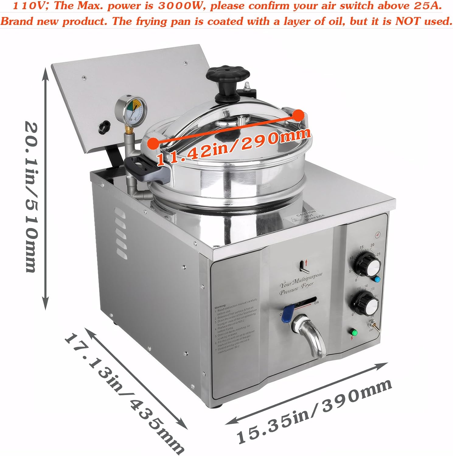 INTSUPERMAI 16L Commercial Countertop Pressure Fryer, Stainless Steel High Pressure Fried Chicken Machine, Electric Multi-function Deep Fryer Cooking Machine, 110V, 2400W, 8PSI