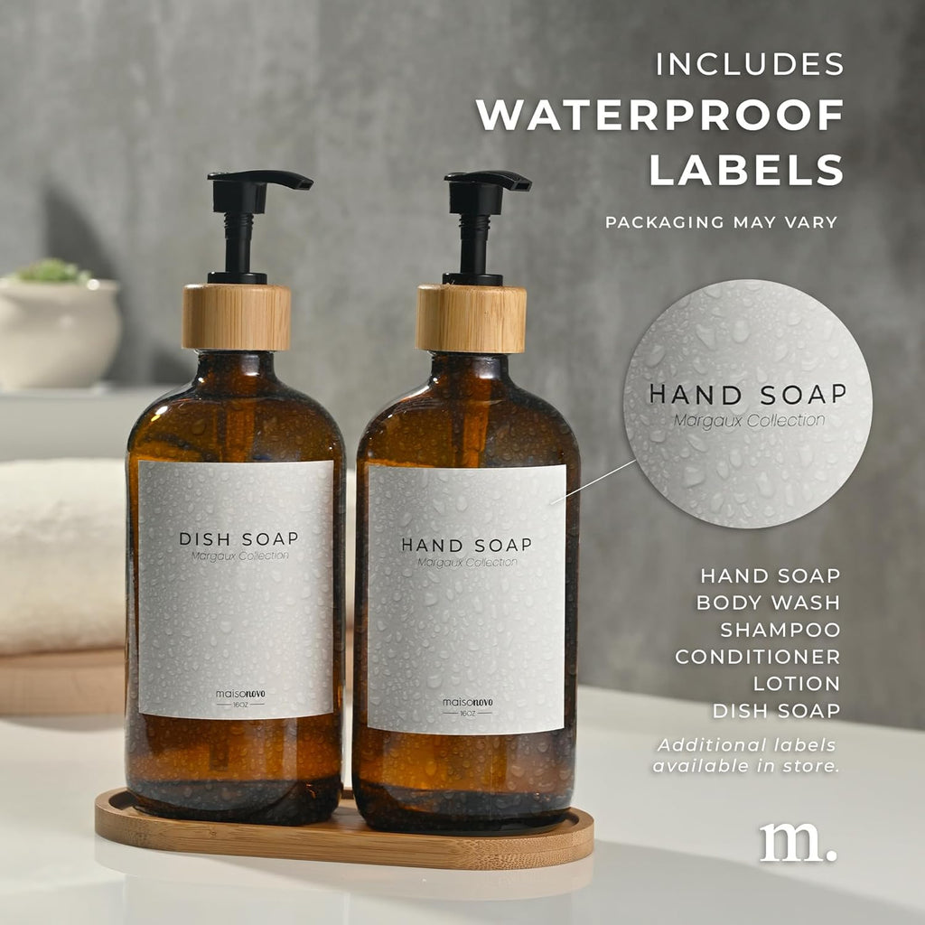 Maisonovo Glass Soap Dispenser Bathroom Set | Hand Soap and Dish Soap Dispenser Set | 16.9oz Amber Bottles with Black Bamboo Pump | Bathroom Lotion Dispenser with Pump Set of 2