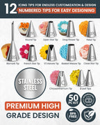 RFAQK 50PCs Cake Decorating Supplies Kit with 12" Aluminum Rotating Cake Turntable Stand, Professional Leveler, Straight & Offset Spatulas, 12 Numbered Icing Tips & Bags