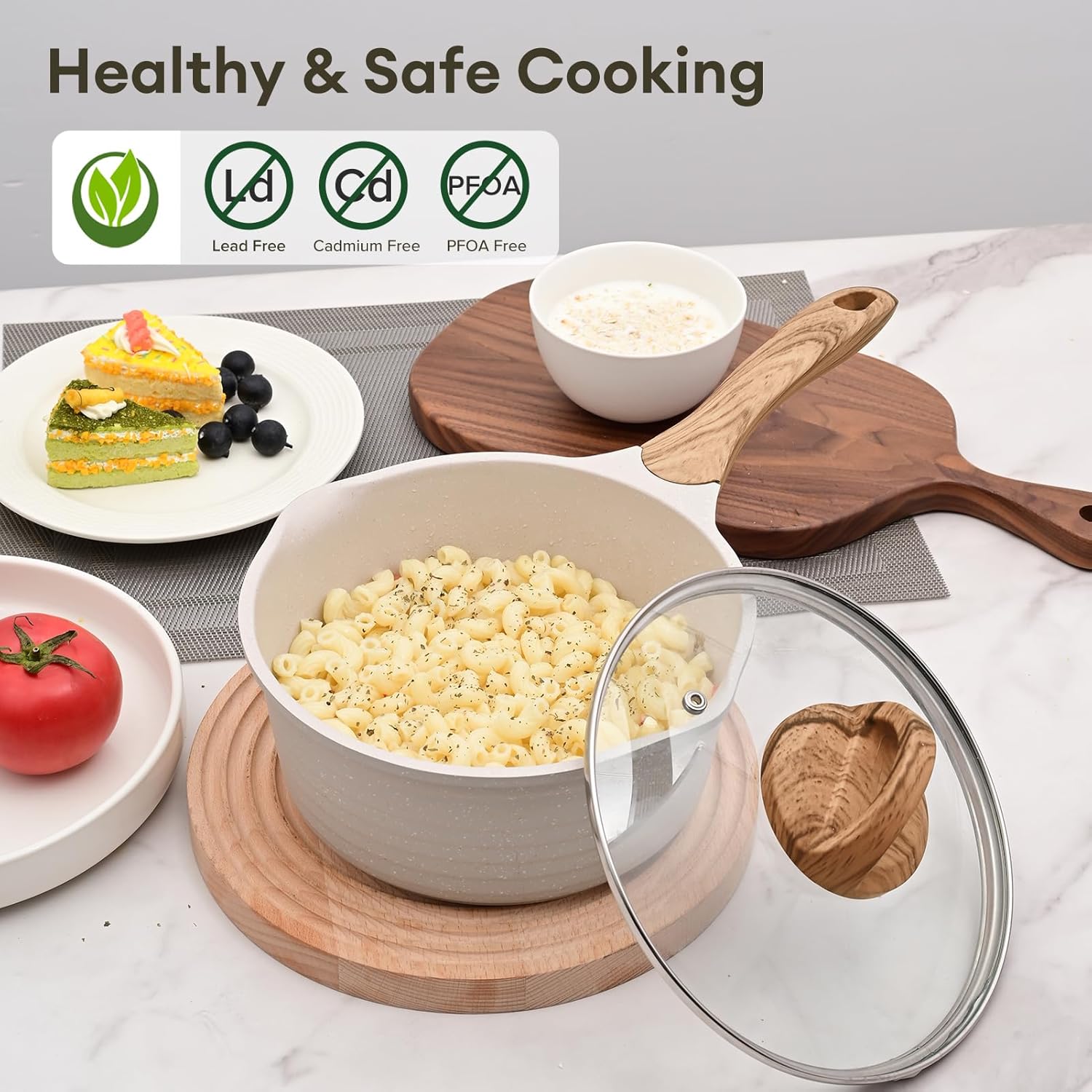 JEETEE 2 Quart Sauce Pan with Lid, Non Stick Small Pot with Coating, Masterclass Cookware Sauce Pot for Cooking, PFOA/PFOS Free(Beige)