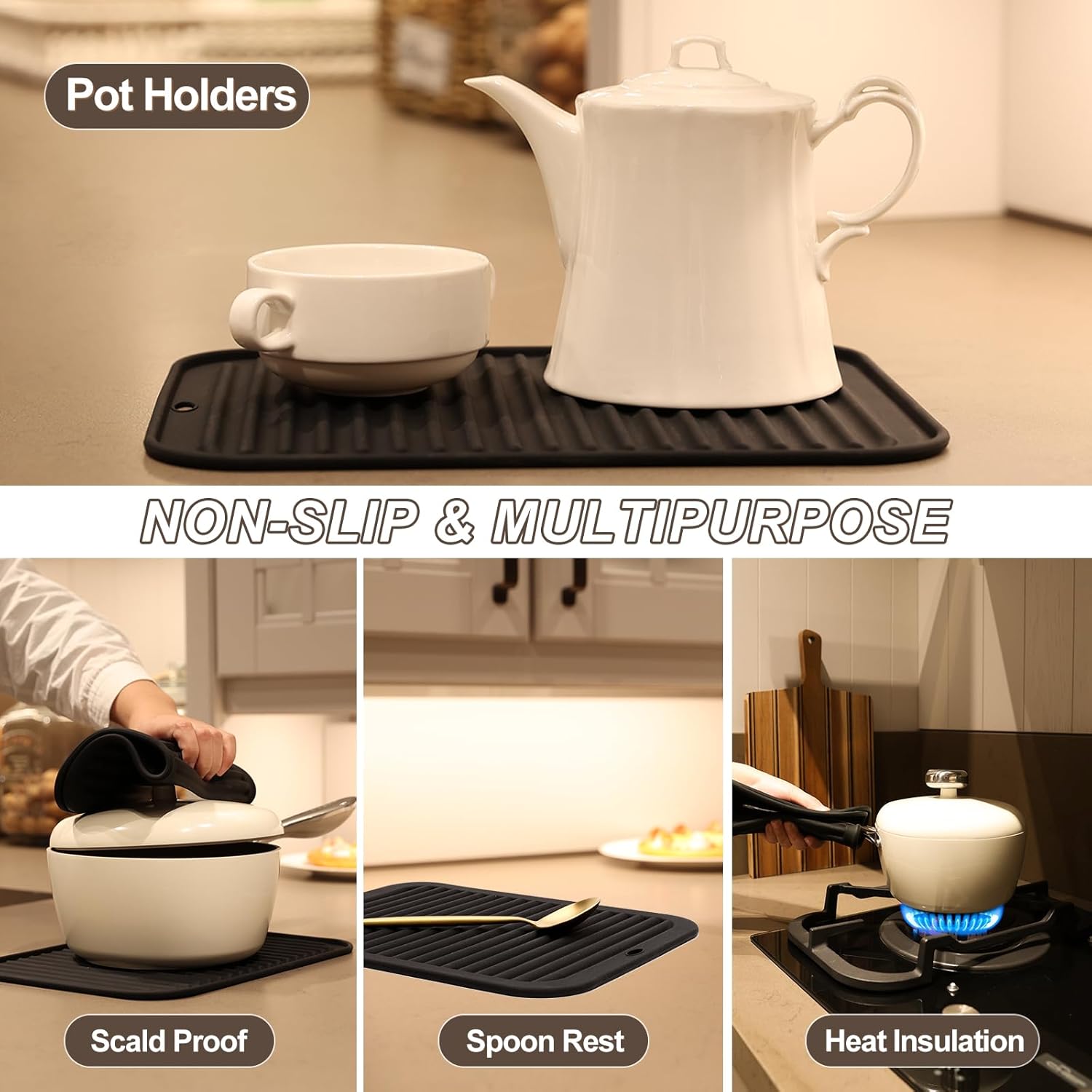 Joyhalo 4 Pack Silicone Trivets for Hot Pots and Pans,480℉ Heat Resistant Trivets for Hot Dishes,Hot Pads for Countertop,Kitchen Potholders,Black