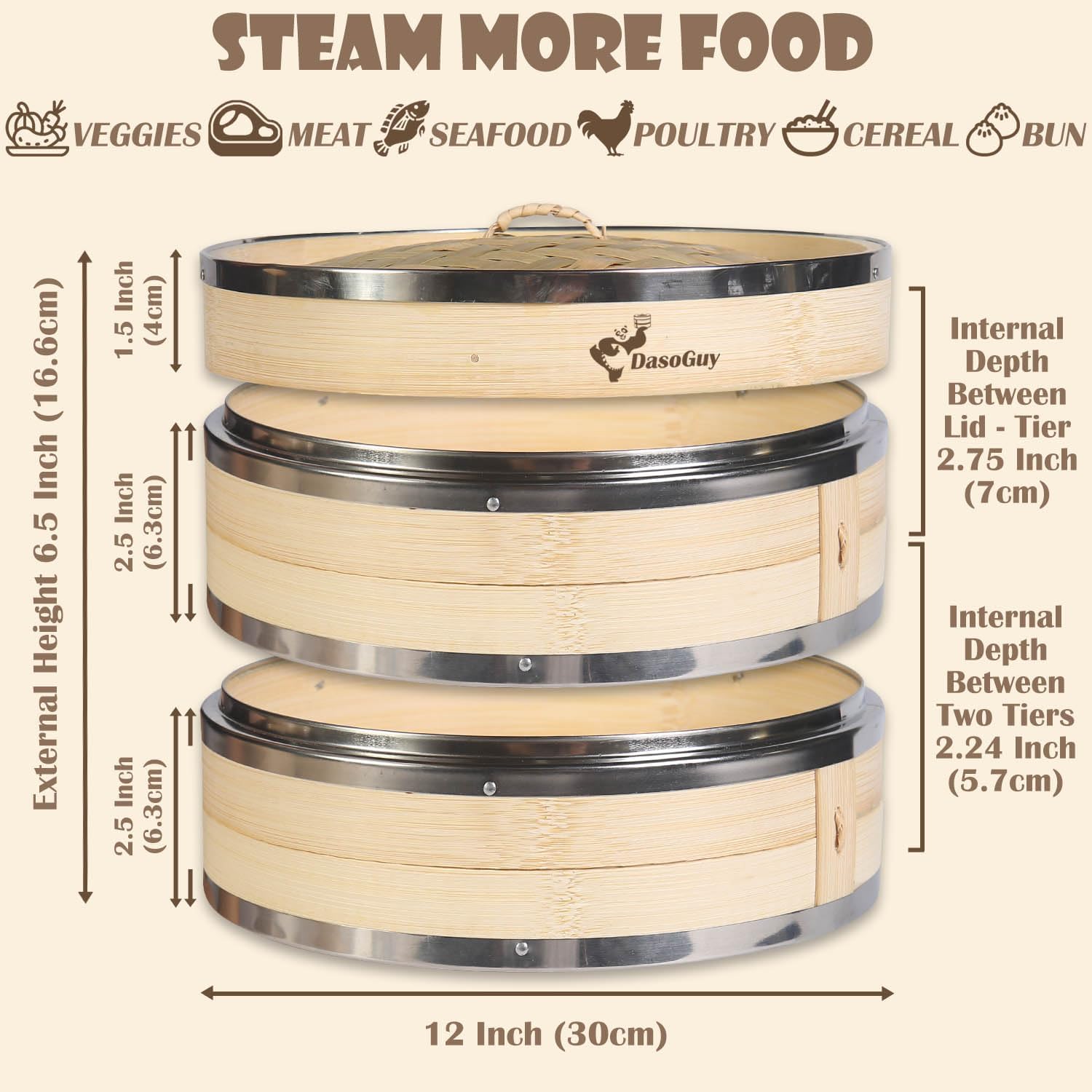 Bamboo Steamer Basket, Stainless Steel Reinforced Rim, 12-Inch 2-Tier Steamer for Cooking, 50 Liners Chopsticks Sauce Dish Dumpling Makers, Steaming Asian Food Bao Buns Dim Sum Rice Veggies Steam Pot