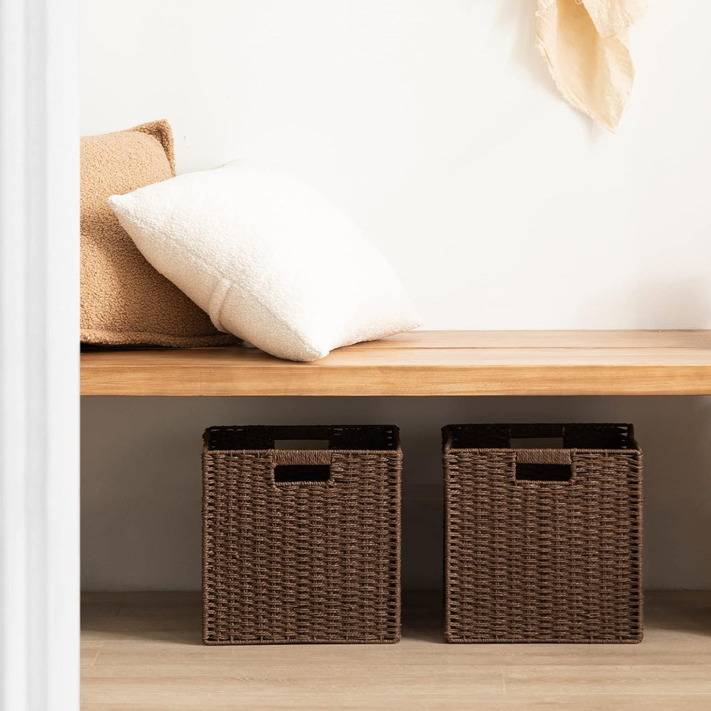 UBBCARE 3 Pack Wicker Basket, 11L×11H×10.5W inch Woven Paper Rope Storage Baskets for shelves, Foldable Cube Storage bin with Handle, Storage Basket for Organizing & Decor, Brown
