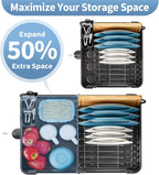 Stainless Steel Dish Drying Rack - Dish Drainer for Kitchen Counter, Extendable Drainboard with Foldable, Space-Saving Cup & Bowl Organizer, Includes Knife and Utensil Holder, Black