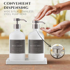 Lotion, Hand & Dish Soap Dispenser for Kitchen Sink - Bathroom Soap Dispenser Set of 2 16.8 Oz Glass Bottles with Stainless Steel Pump, 15 Water Proof Labels & Silicon Tray (White/Silver)