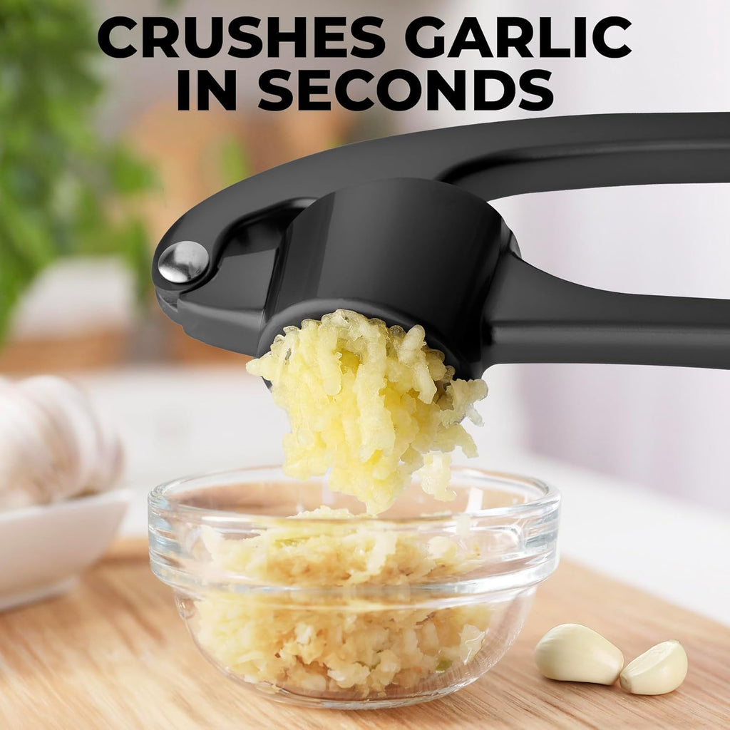 Zulay Kitchen Large Premium Garlic Press Set - Bigger Bowl for Bigger Garlic - Rust Proof & Dishwasher Safe Garlic Mincer Tool - Easy-Squeeze, Easy-Clean Silicone Garlic Peeler & Brush (Dark Gray)