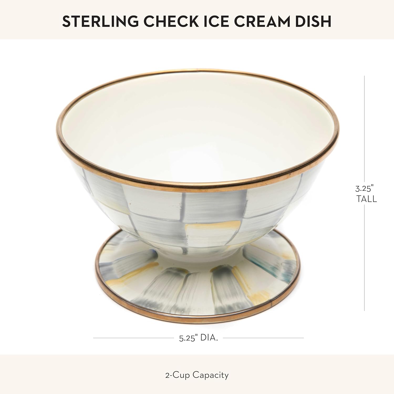 MACKENZIE-CHILDS Enamel Ice Cream Bowl, Serving Bowls for Entertaining, 2-Cup Capacity, Gray-and-White Sterling Check