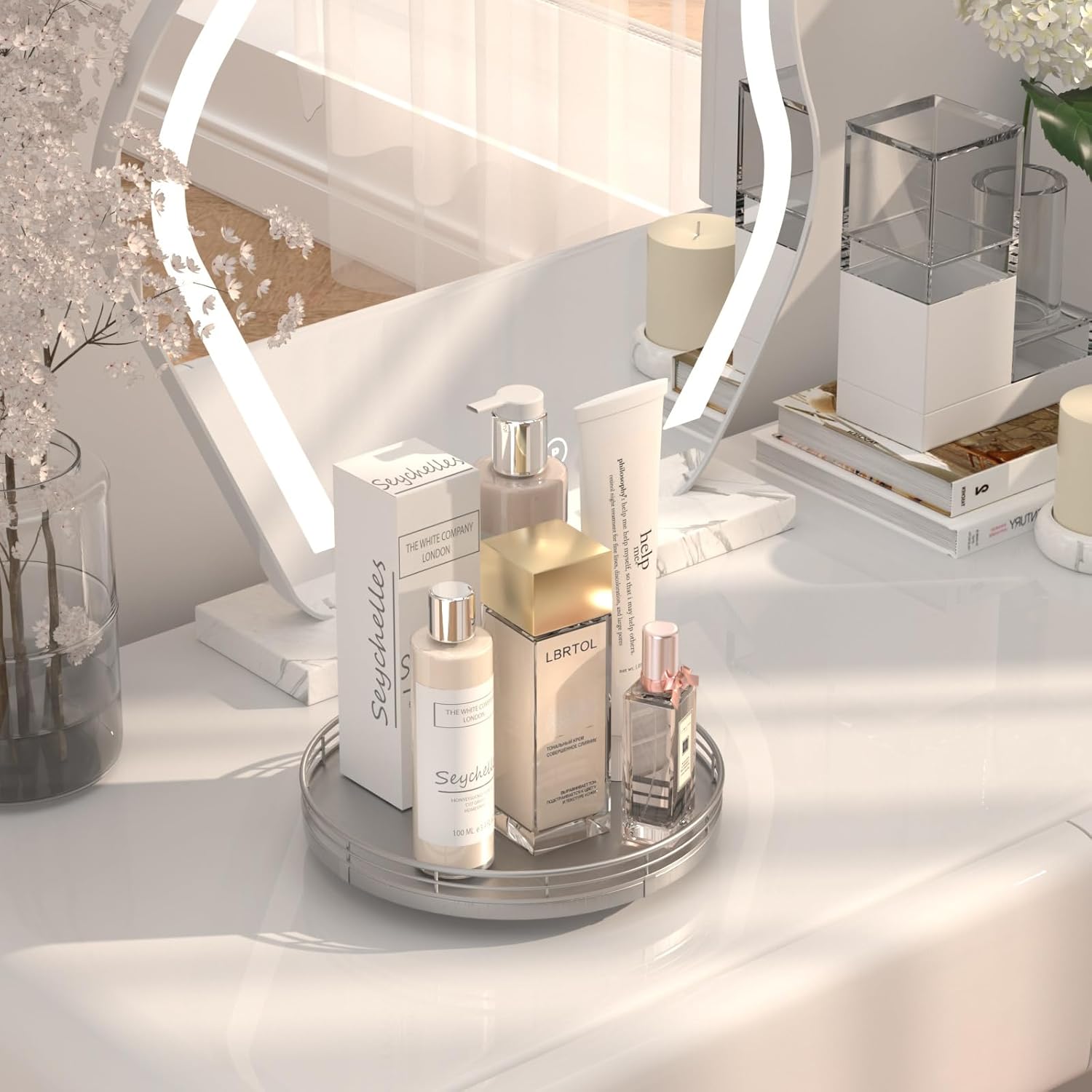 9" Silver Lazy Susan for Table Top, Oak Wood Lazy Susan Turntable Organizer for Dining Coffee Table Centerpiece Bar Decor Kitchen Countertop Bathroom Vanity Decorative Tray for Perfume Jewelry Round