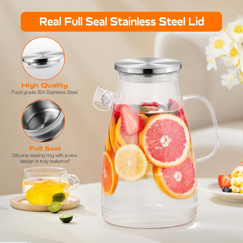 1 Gallon 128oz Glass Pitcher,Water Pitcher with Full Seal Lid and Spout, Glass Carafe for Hot/Cold Drink, Water Jug for Iced Tea, Coffee, Juice, Milk, Beverage