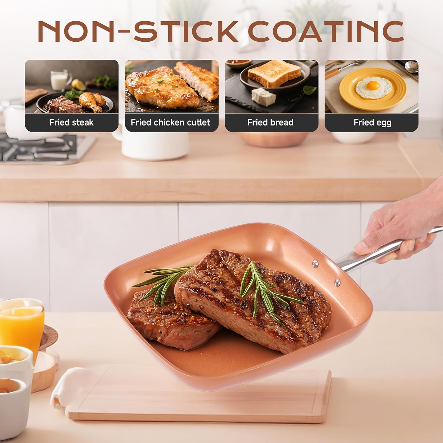 Non-Stick Copper Square Frying Pan, 12" Chef Skillet with Ceramic Coating, Oven Dishwasher Safe, PFOA-Free, Home Use for All Stoves