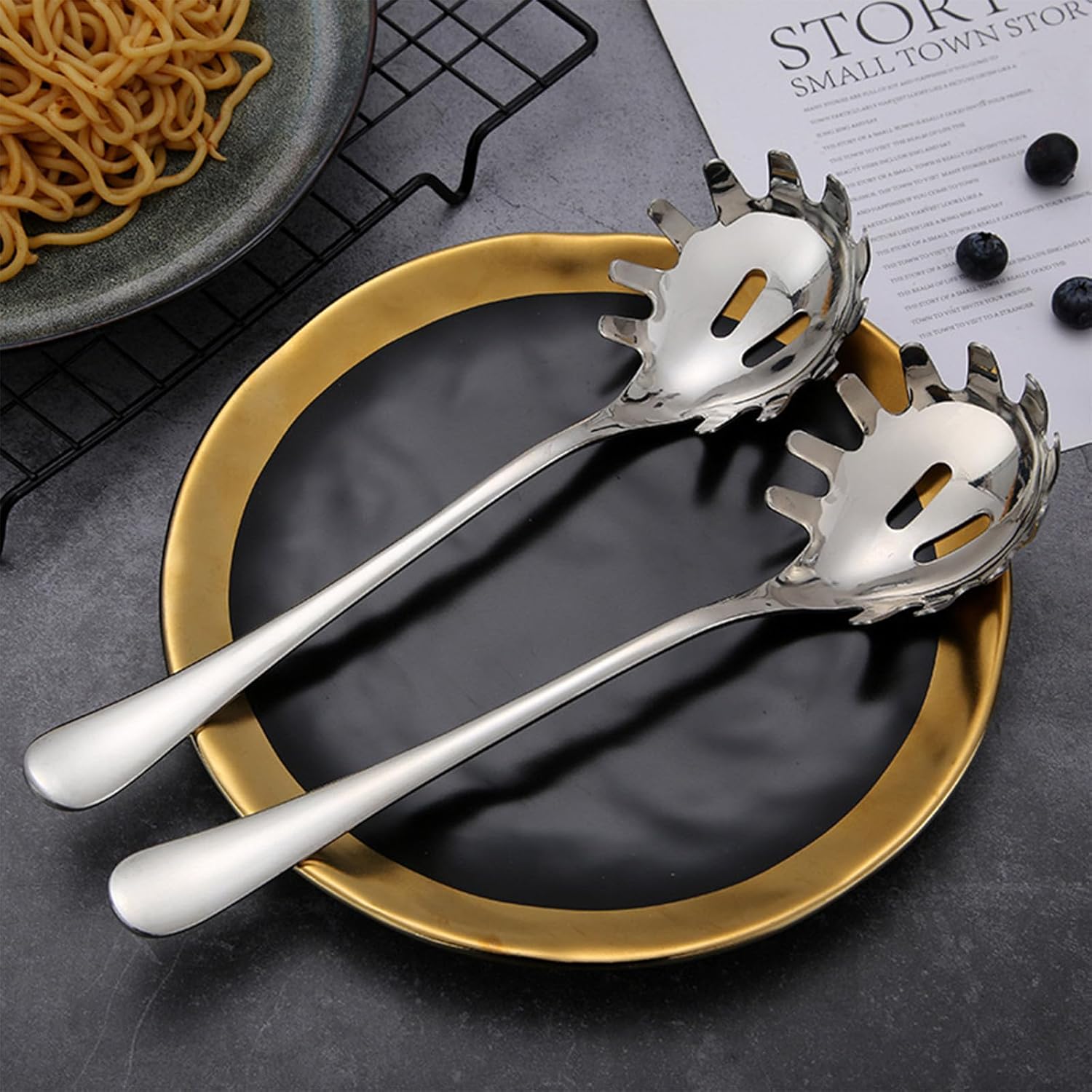 Stainless Steel Pasta Spoon, Spaghetti Spoons Server, Spaghetti Fork with Ergonomic Handle, Noodle Utensil for Kitchen, 9. 4inch