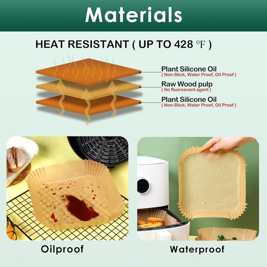 Air Fryer Paper Liners, 50 PCS Air Fryer Liners Disposable, 8" Square Baking Liner for 5-8 qt Airfryer Basket, Non-stick and Oil Proof Parchment Paper for Oven, Pans & Baking