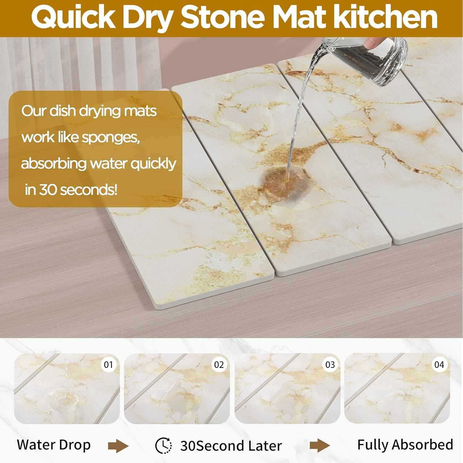 Stone Drying Mat for Kitchen Counter, White with Gold Veins Stone Dish Drying Mat - Diatomite Water Absorbing Drying Stone for Kitchen Counter Mat, Quick Dry Stone Mat Kitchen for Cups Dishes Bottles.