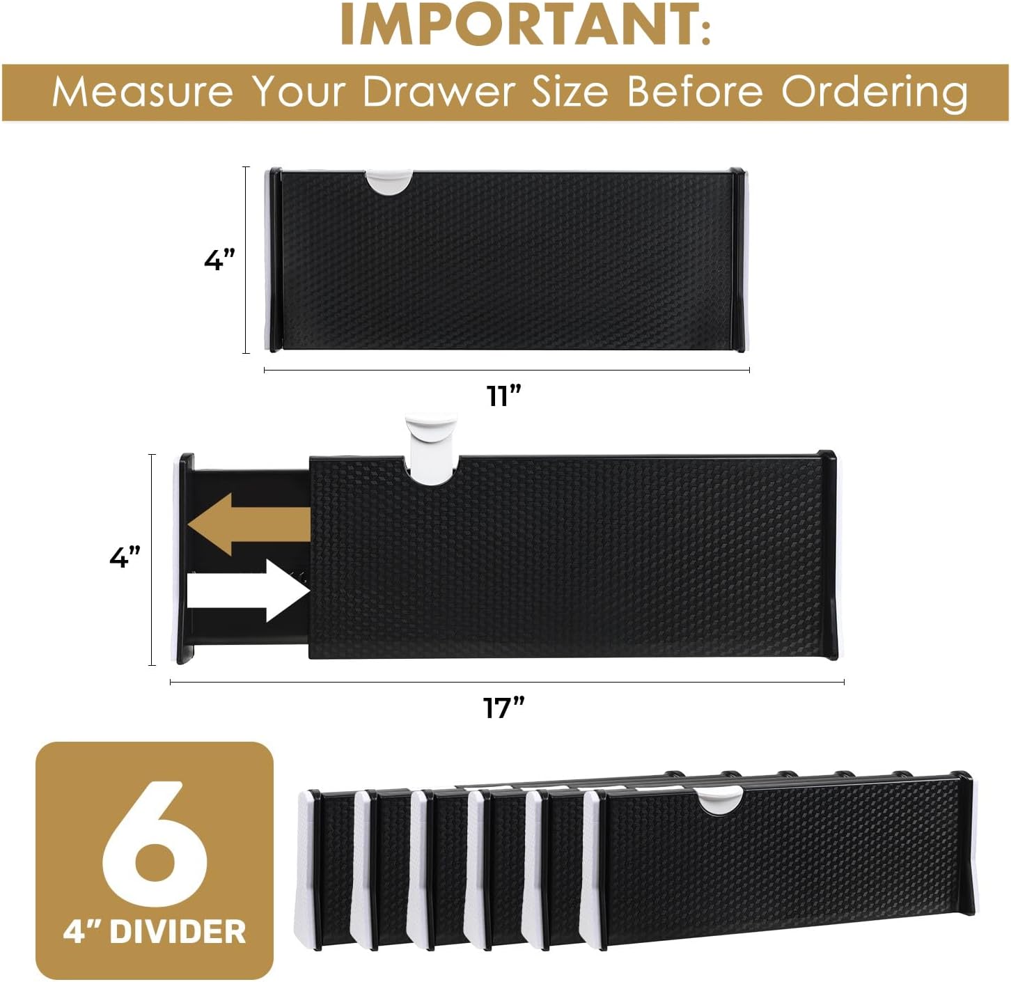 RAPTUROUS Adjustable Drawer Dividers 6 Pack, 4” High, 11-17” Long, Dresser Drawer Organizer for Bedroom, Closet, Kitchen, Nursery, Office, Strong Hold, Soft Foam Edges, Black