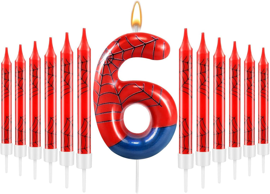 13 Pcs Spider Themed Birthday Candle Set Red Spider Theme Number 6 Candle Cake Topper for Boys Girls Birthday Decoration Spider Party Decoration Supplies (Number 6)
