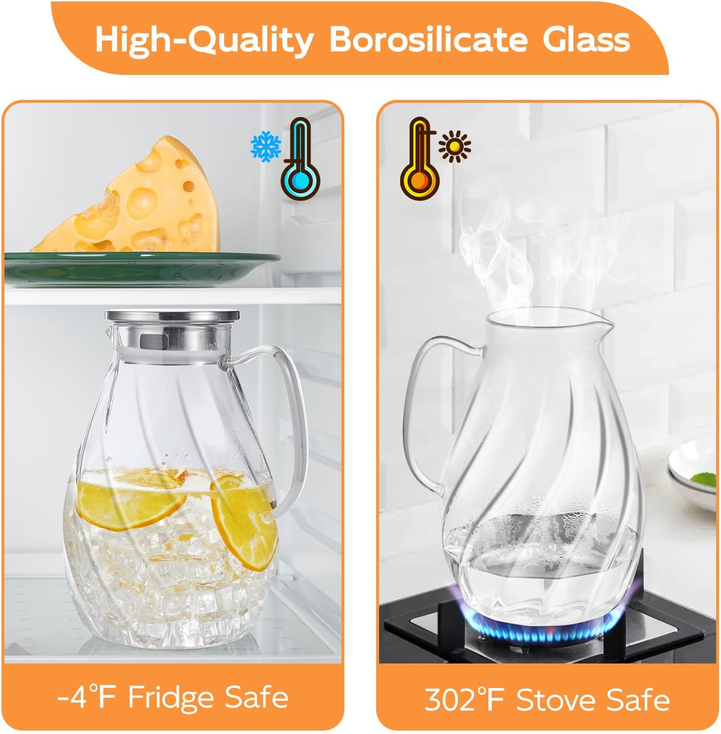 DRASTAR Glass Pitcher with Lid, 2.2L Water Pitcher, 74oz Tea Pitcher for Drinks, Borosilicate Glass Water Jug Cold Or Hot Beverages, Lemonade Pitcher, Glass Water Carafe With Lid