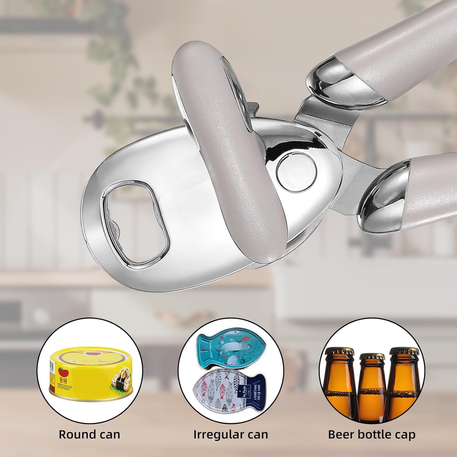 Multi-function Manual Can Opener Bottle Opener, Oversized Hand-held Easy Rotary Knob, Safe Cut Can Opener with Non-Slip Handle, Smoother Cut Sharp Blade for Seniors Kitchen Tool, Grey