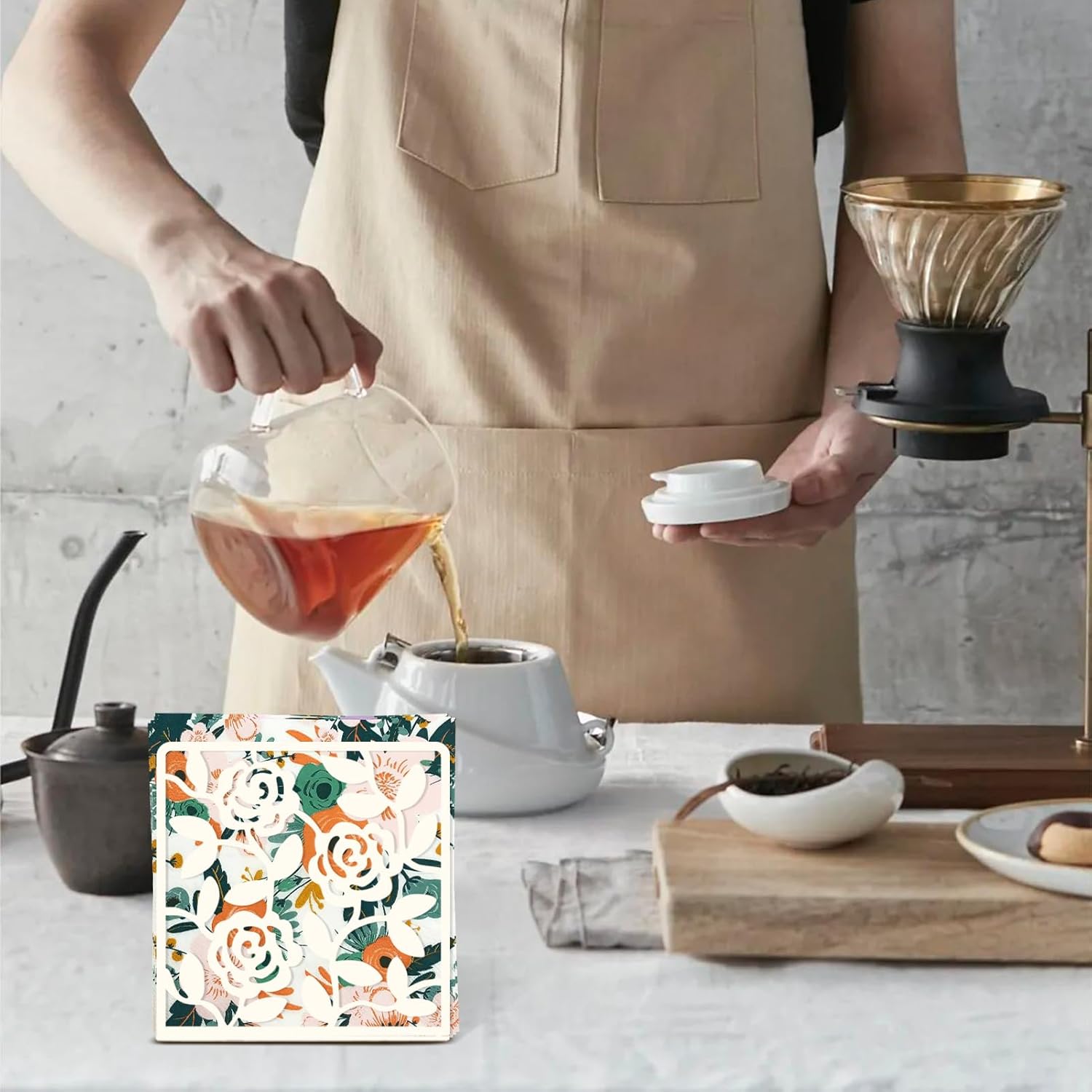 Resama Coffee Filter Paper Holder - Stylish Organizer with Rose Vine Pattern for Kitchen, Cafe, and Office - Decorative Storage Container in White - Perfect for Home, Dining Room, and Outdoor Use
